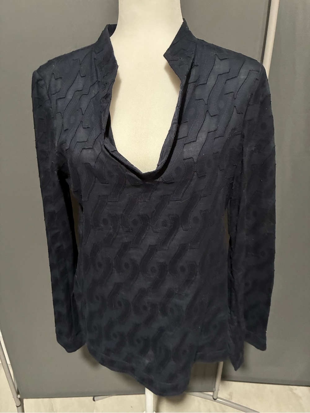 Tory Burch Navy Textured V-Neck Long Sleeve Tunic Top